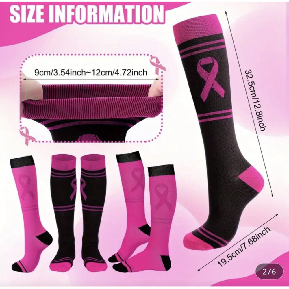 2 Pcs Pink Ribbon Socks Barbie Pink knee high neuropathy compression Socks - Picture 2 of 6